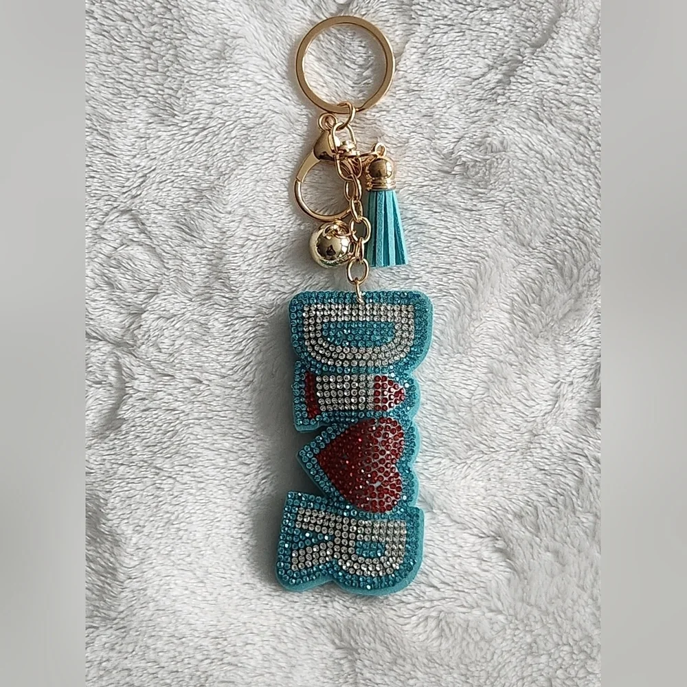 Designer Inspired Blue, White, and Red Rhinestone Keychain Bag Charm